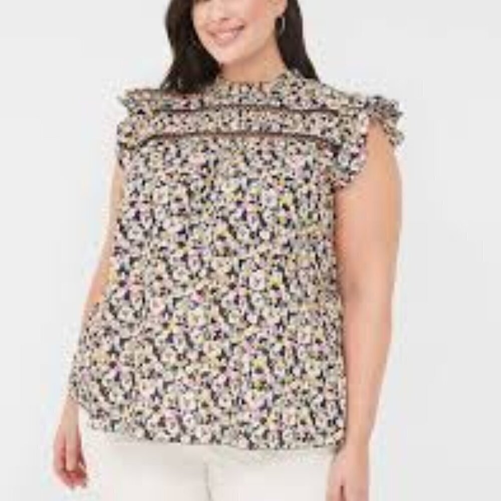 Lane Bryant Woven & Knit Ruffle Floral Multicoloured Cap Sleeve Top Size 20